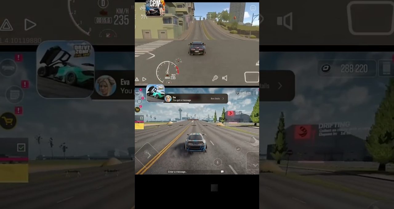 Split-screen mobile gameplay showing two racing cars driving through city and highway environments
