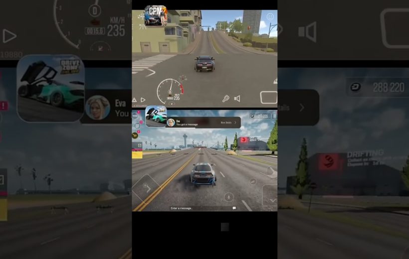 Split-screen mobile gameplay showing two racing cars driving through city and highway environments