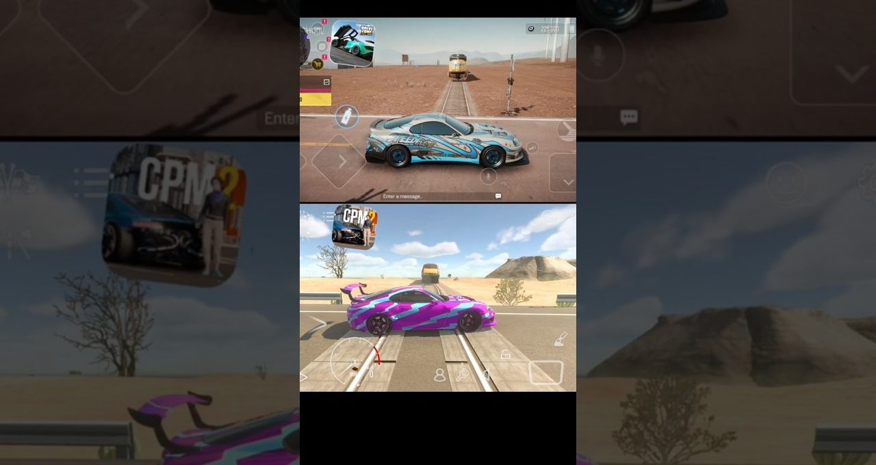 Two colorful sports cars stopped on railroad tracks in a desert racing game scene