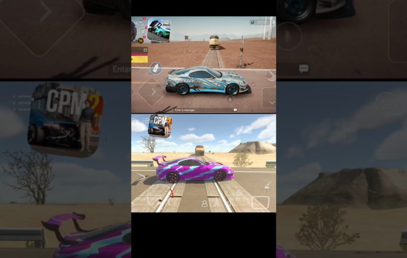 Two colorful sports cars stopped on railroad tracks in a desert racing game scene