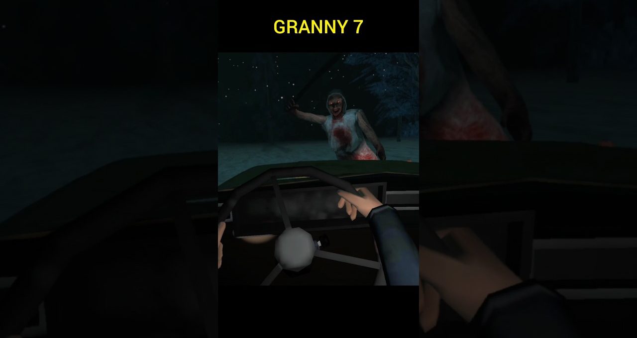 Driver view of a bloodied, screaming granny pounding on a car windshield at night