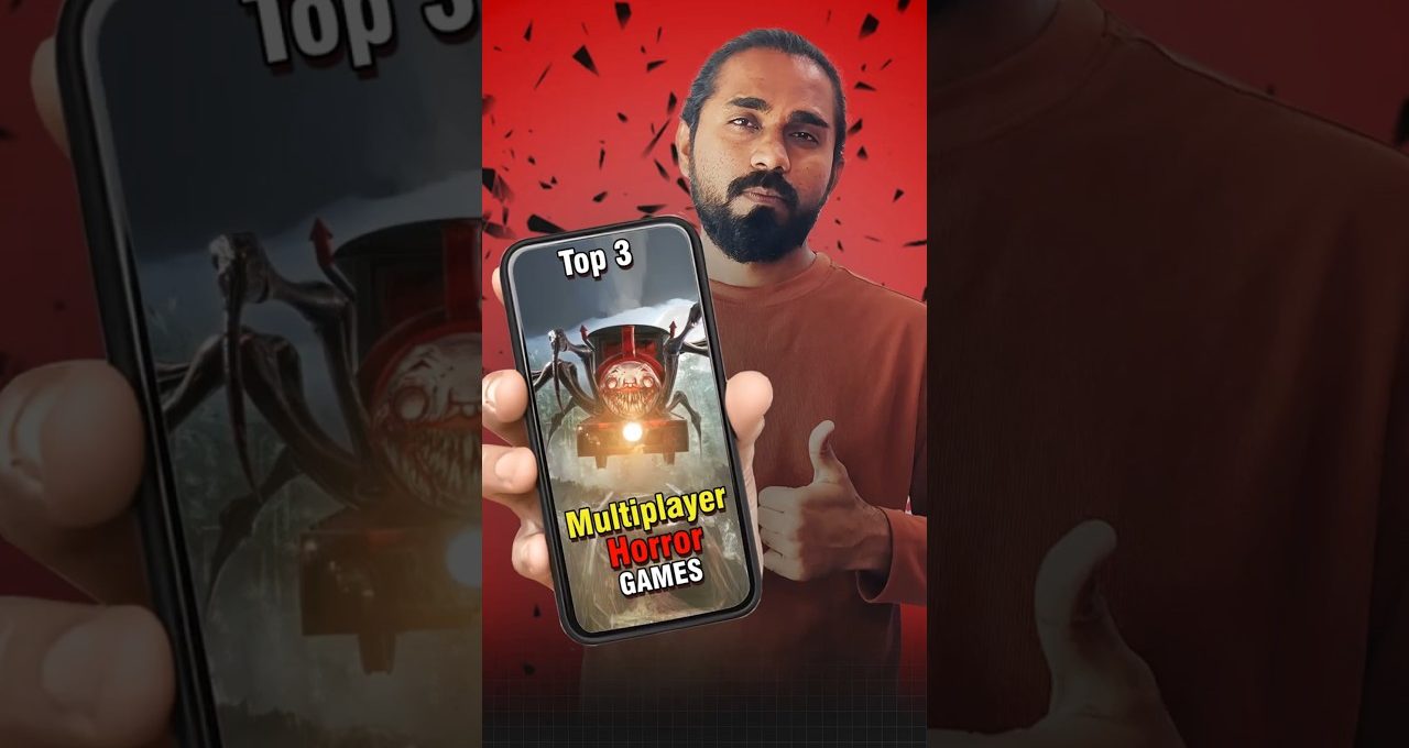 Man holding phone displaying "Top 3 Multiplayer Horror Games" with thumbs up gesture