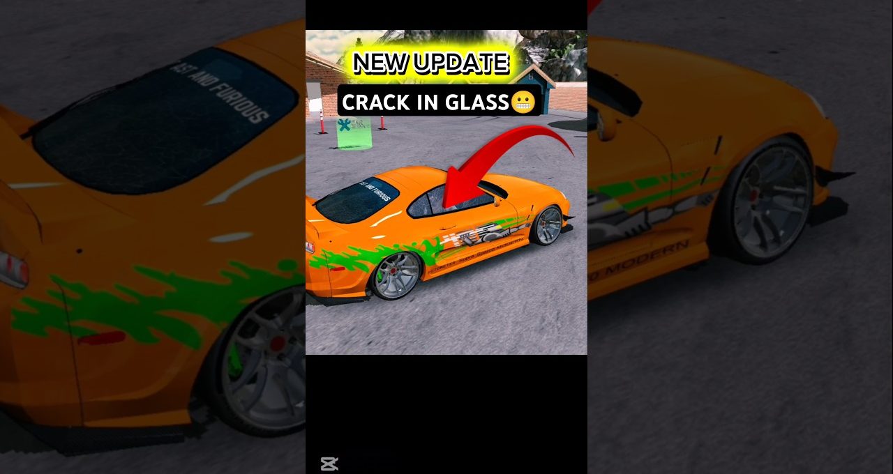 Orange sports car with green flames parked in lot, red arrow pointing to cracked glass