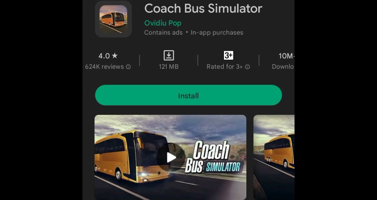 Coach Bus Simulator app listing showing a yellow coach, install button, and ratings