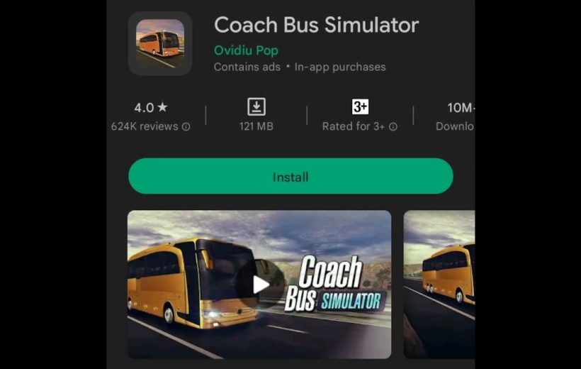 Coach Bus Simulator app listing showing a yellow coach, install button, and ratings