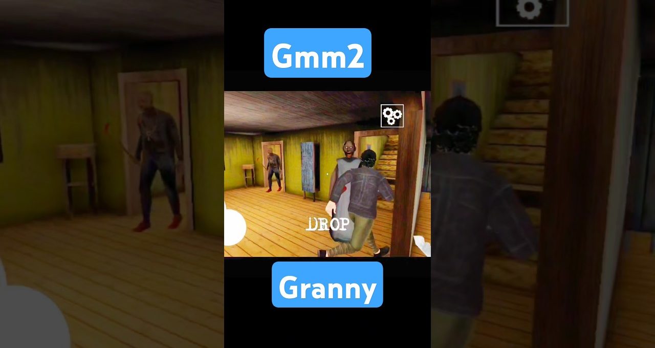Player character confronting a creepy granny and armed intruder inside a dim wooden house