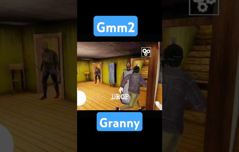 Player character confronting a creepy granny and armed intruder inside a dim wooden house
