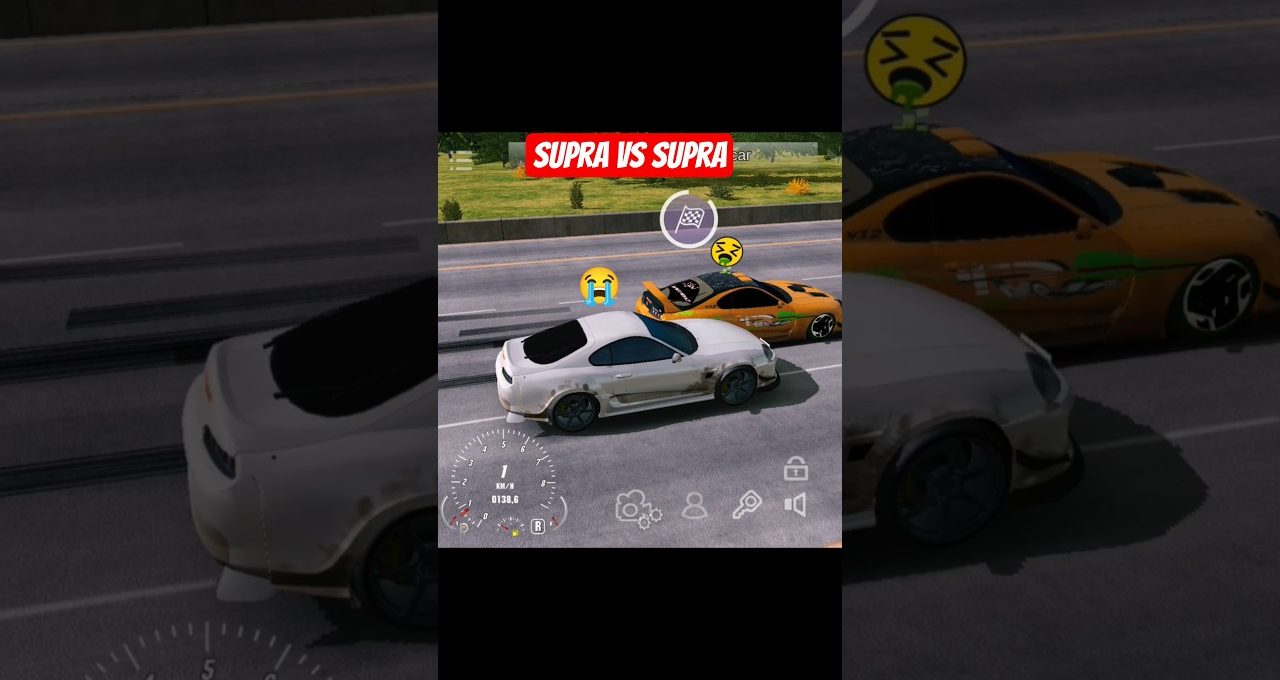 Two tuned sports cars racing side by side on a highway with emojis above