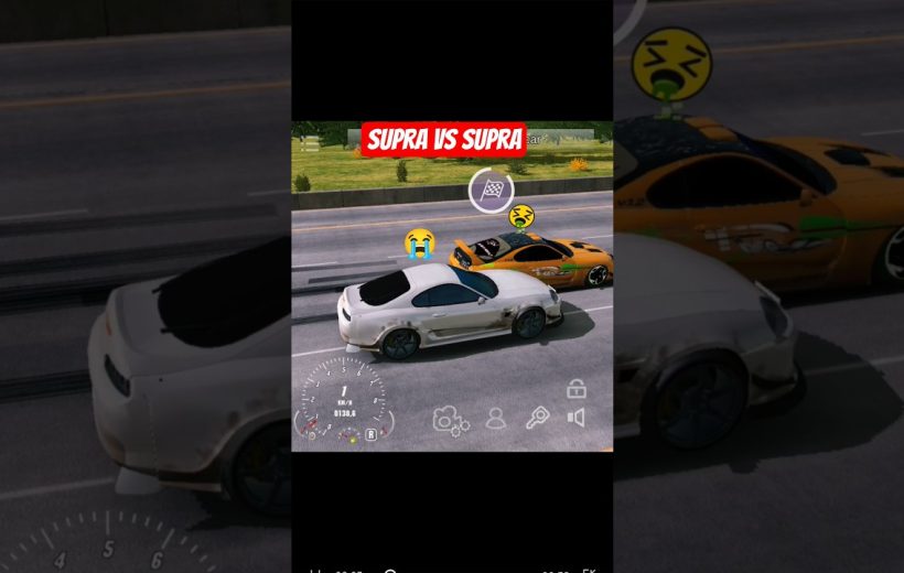 Two tuned sports cars racing side by side on a highway with emojis above