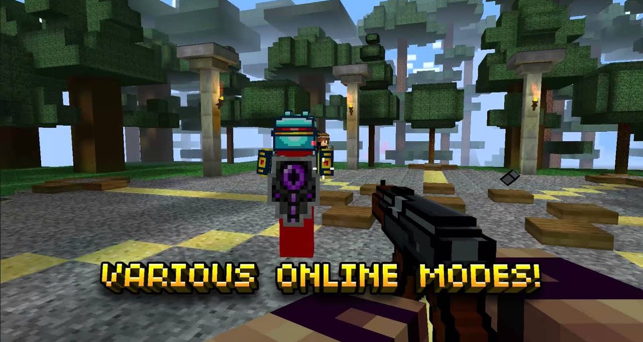 First-person shooter character aiming at a pixelated armored enemy in forest arena