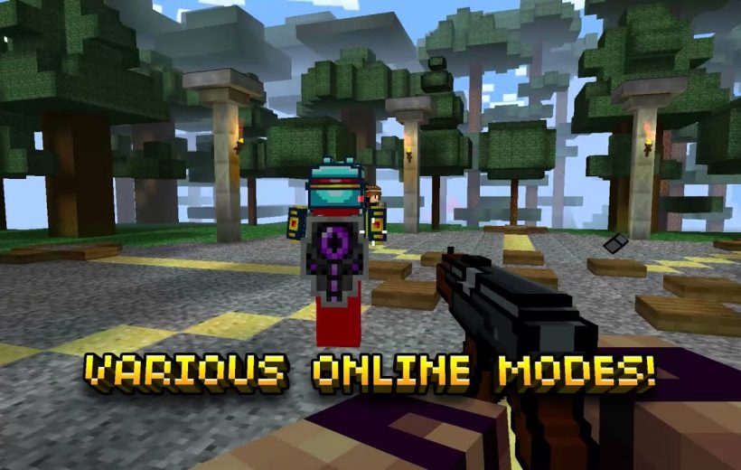 First-person shooter character aiming at a pixelated armored enemy in forest arena