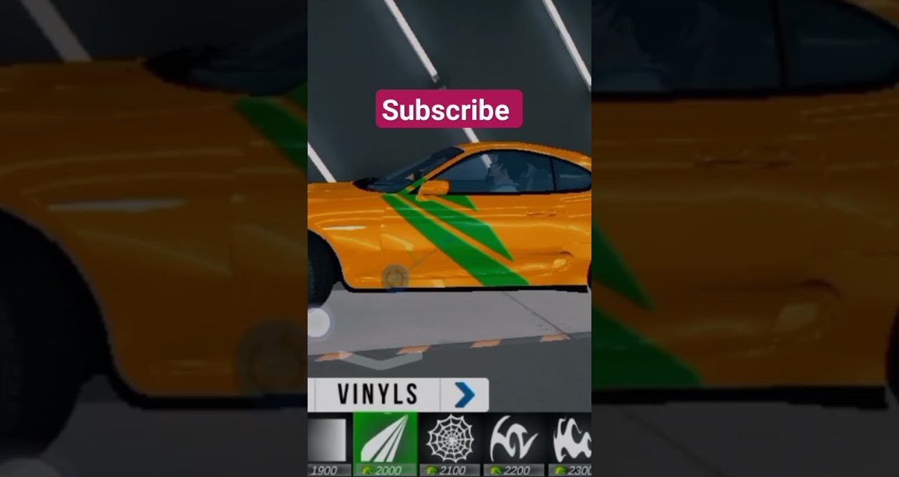 Orange sports car with green vinyl stripes displayed in a customization menu.