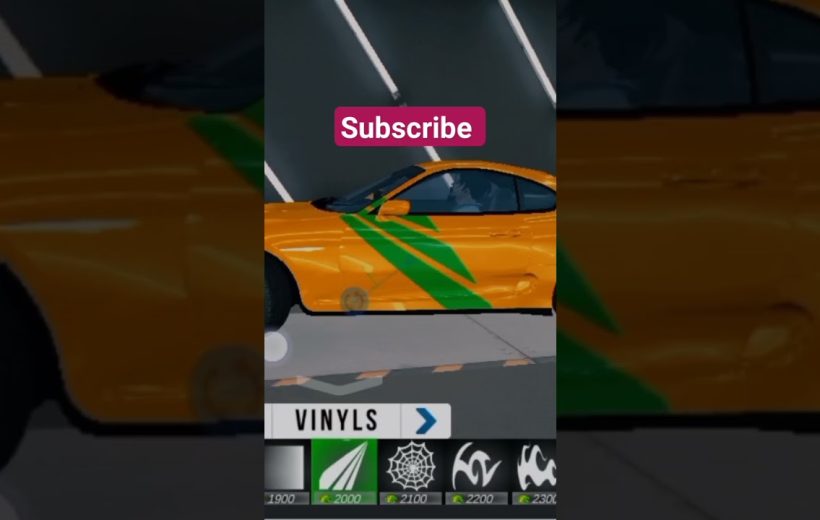 Orange sports car with green vinyl stripes displayed in a customization menu.