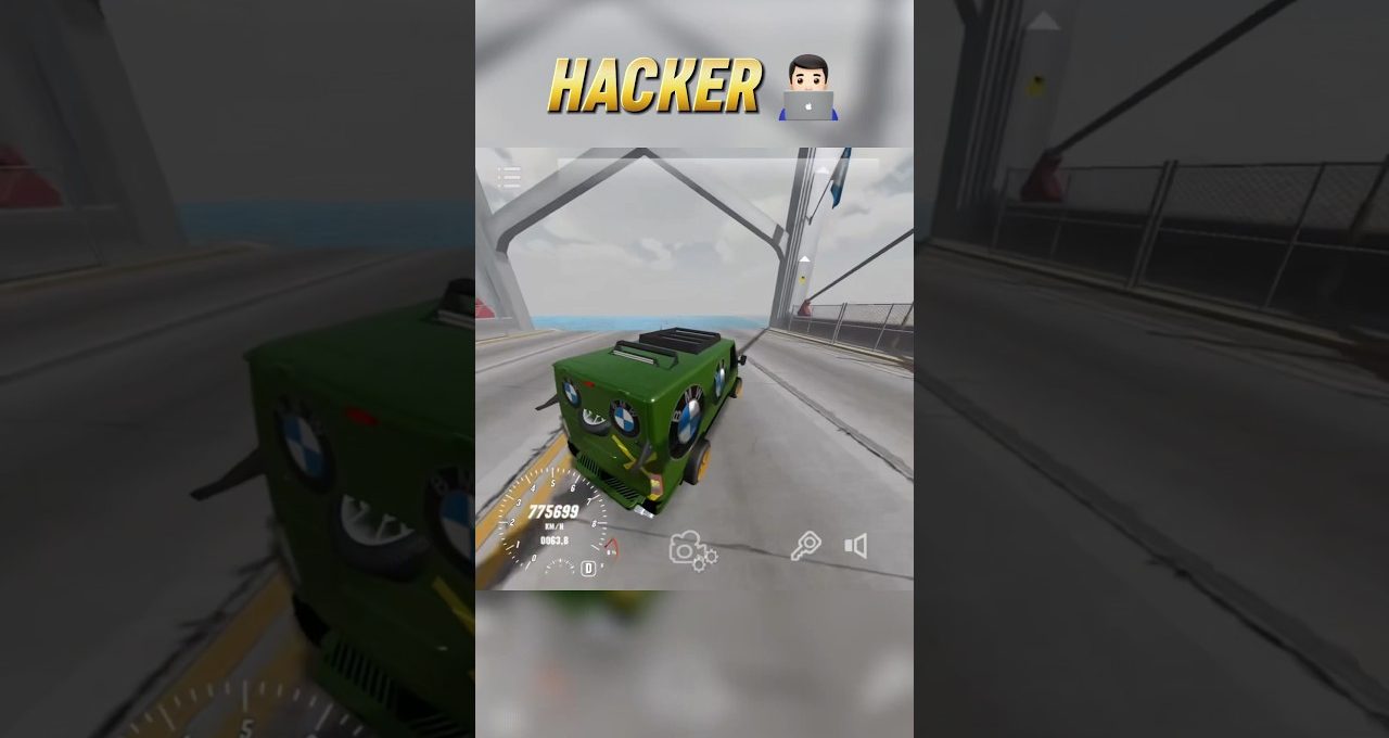 Green modified cube-shaped car driving across a bridge in a racing video game
