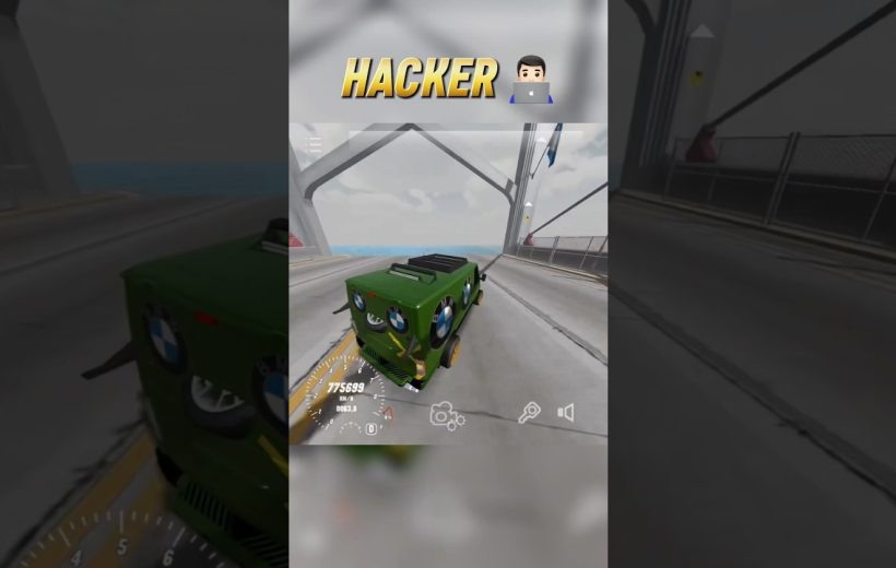 Green modified cube-shaped car driving across a bridge in a racing video game