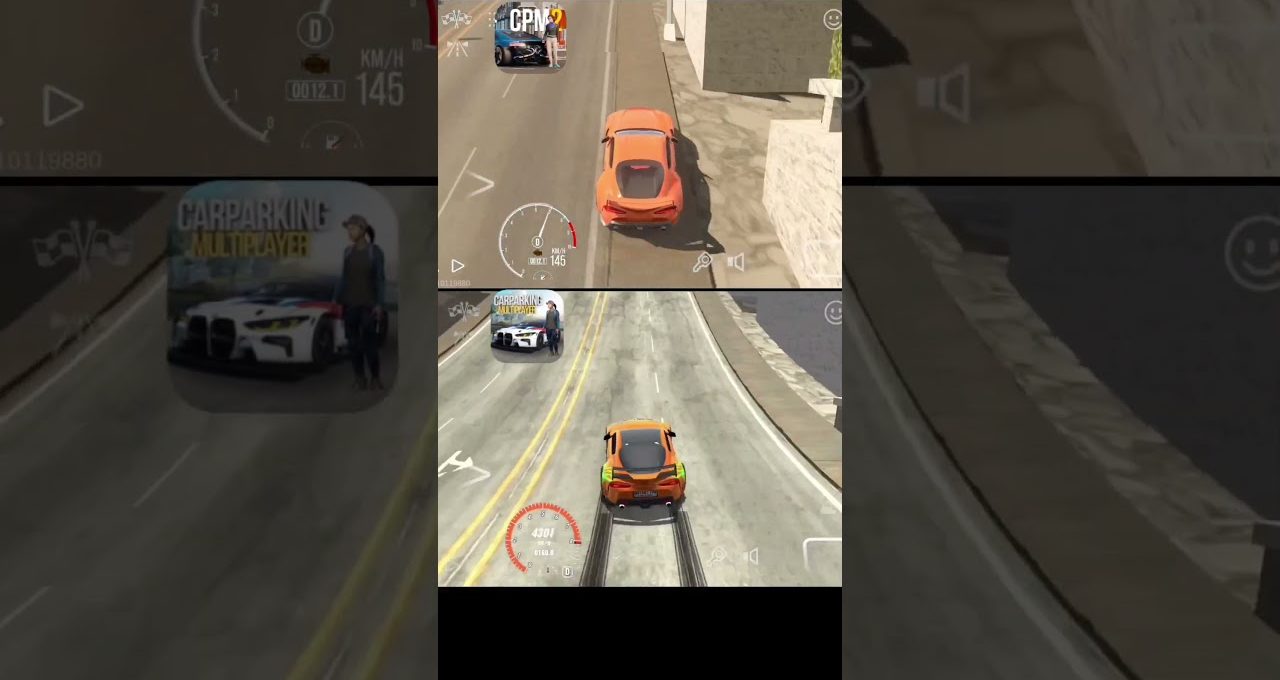 Split-screen gameplay showing an orange sports car driving through urban streets in a racing game