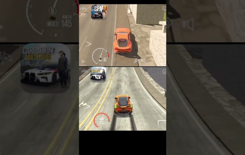 Split-screen gameplay showing an orange sports car driving through urban streets in a racing game