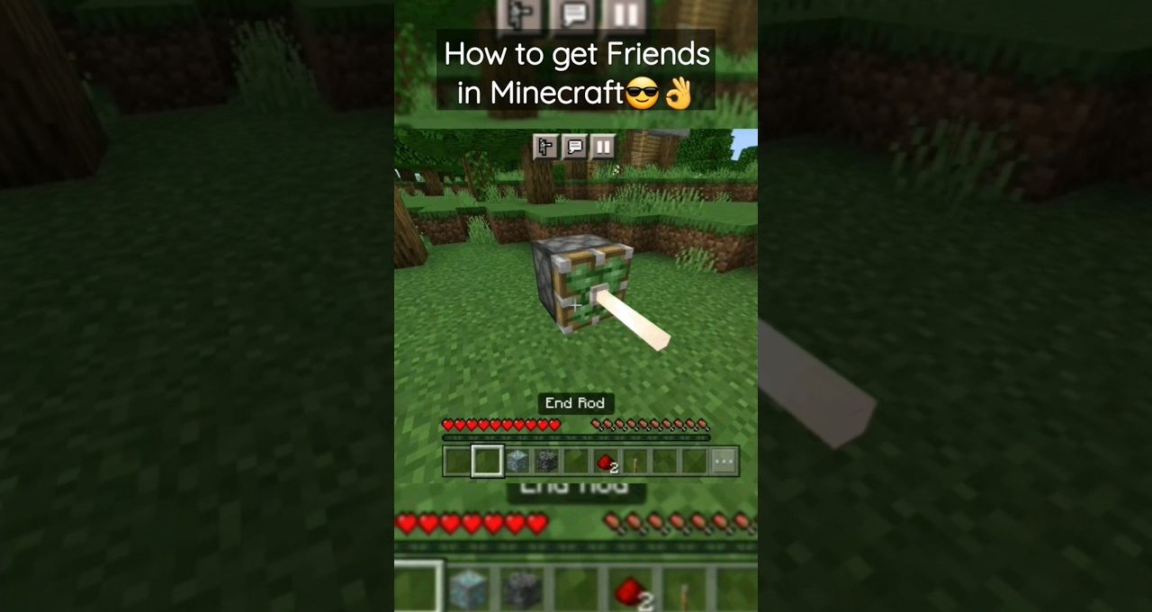 Minecraft gameplay screenshot showing a piston with an End Rod sticking out in grass