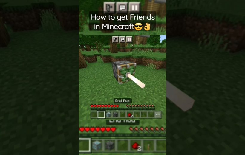 Minecraft gameplay screenshot showing a piston with an End Rod sticking out in grass