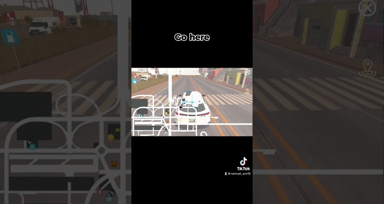 White car driving on city street with overlaid map and "Go here" text.
