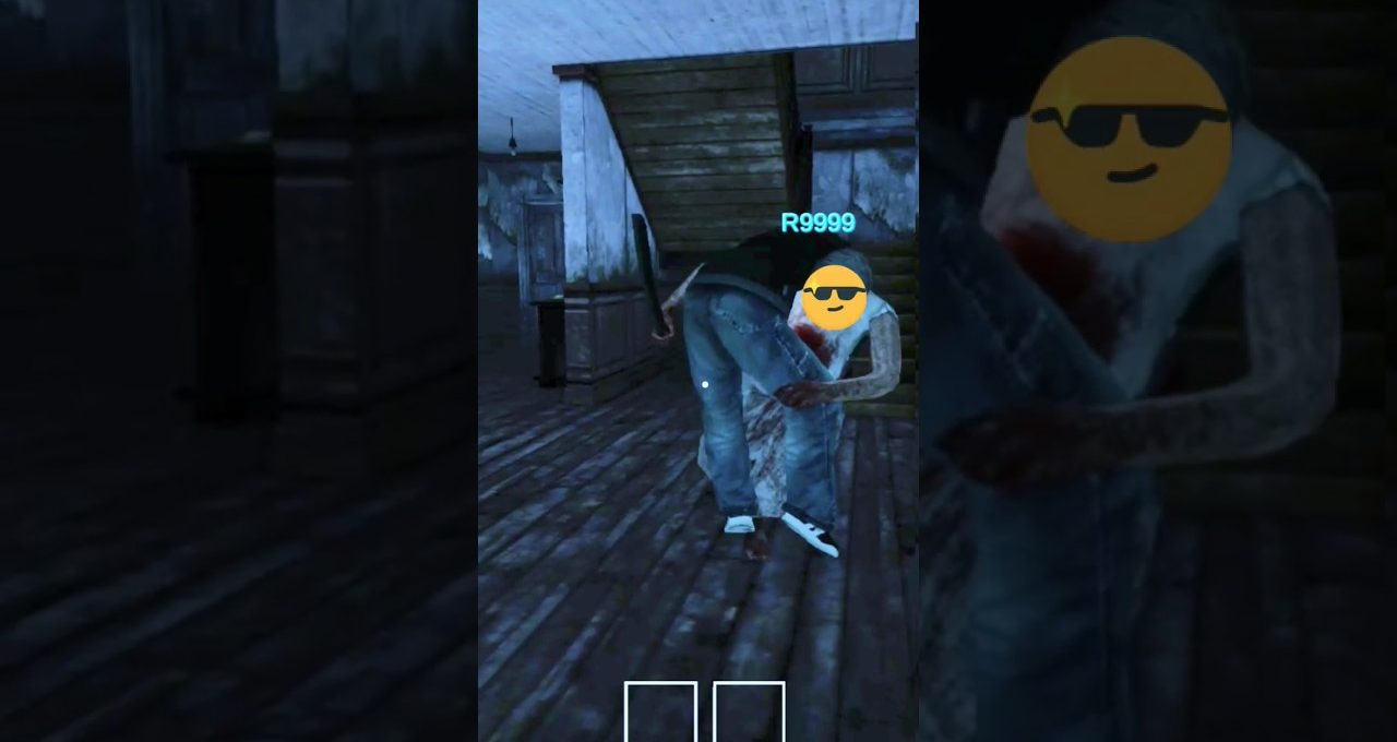 Player character carrying injured teammate with sunglasses emoji in dark abandoned house hallway
