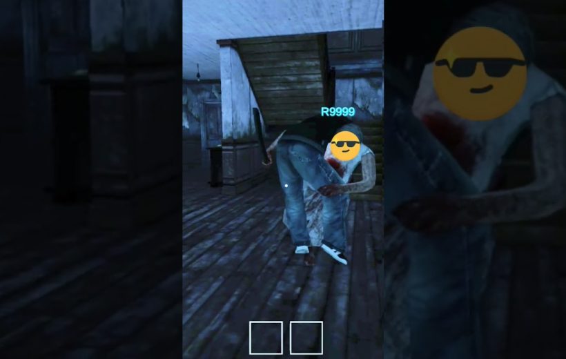 Player character carrying injured teammate with sunglasses emoji in dark abandoned house hallway