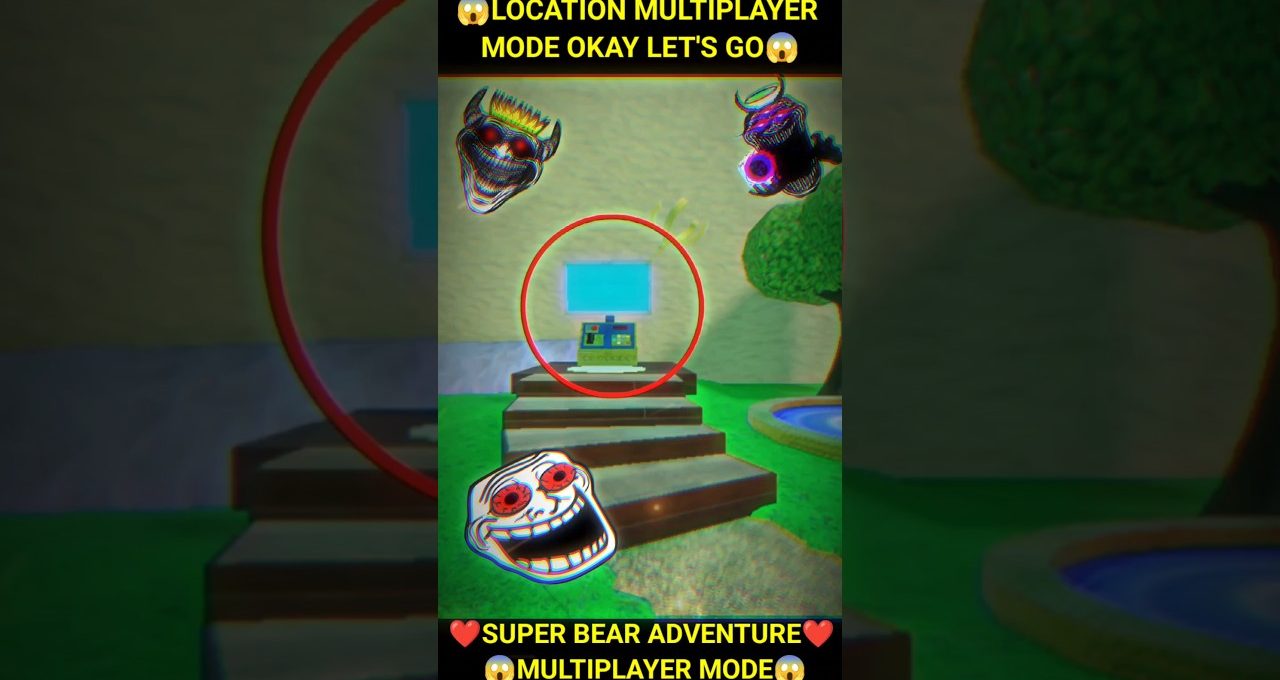 Cartoonish game scene showing a circled computer terminal on steps in a yard