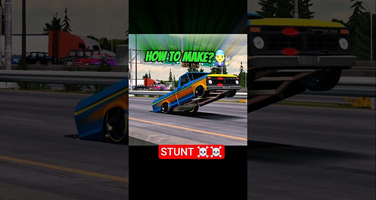 Lowrider pickup performing wheelie stunt on highway with colorful custom paint job