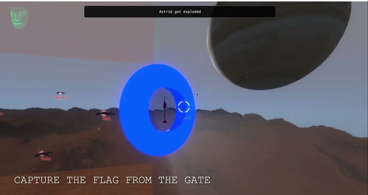 First-person game view showing a glowing blue ring and distant flag on alien terrain