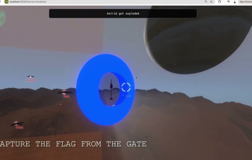 First-person game view showing a glowing blue ring and distant flag on alien terrain