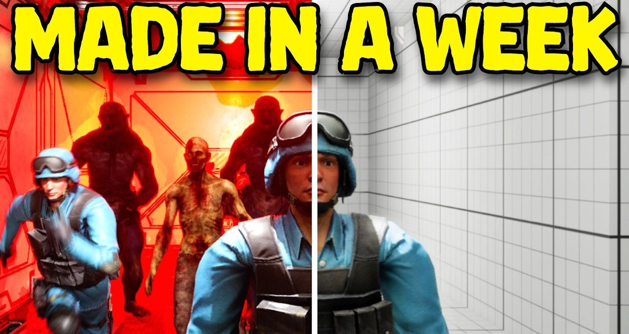 Soldier split between red zombie-filled corridor and empty white grid testing room