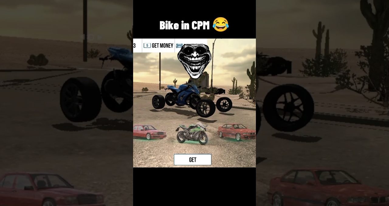 Desert game screen showing a four-wheeled blue ATV and selection menu with cars