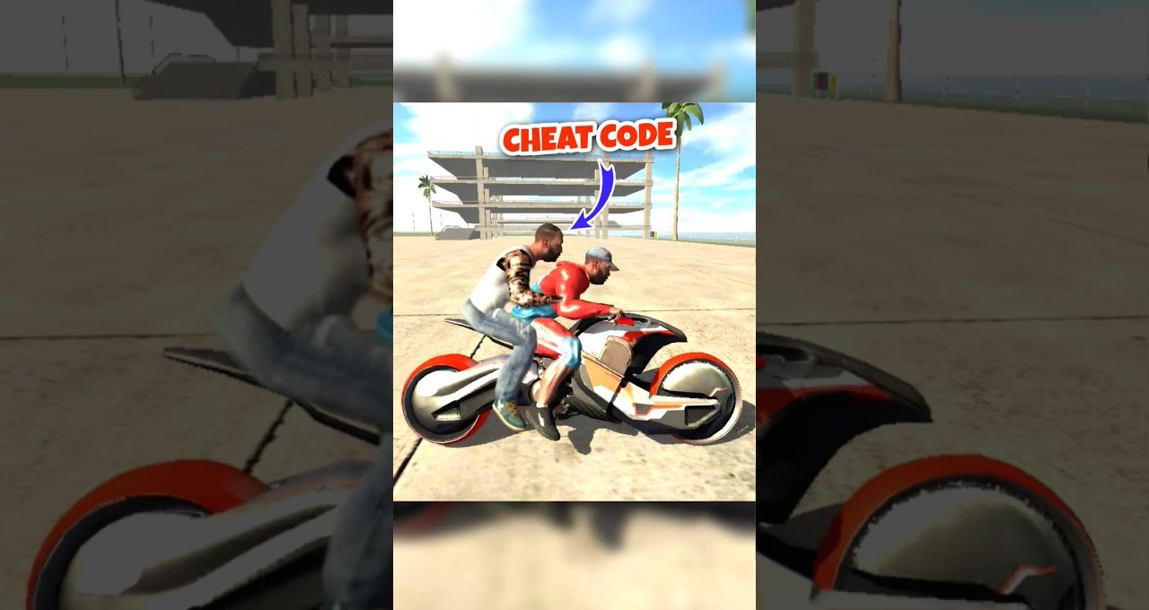 Two men on futuristic motorcycle in sunny open concrete area under blue sky