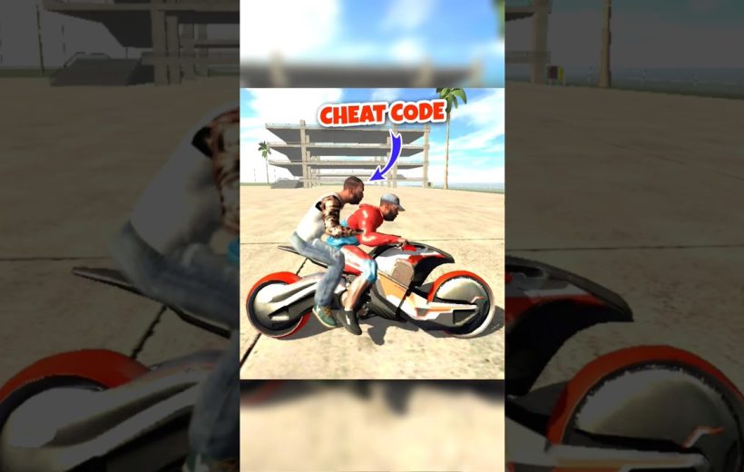 Two men on futuristic motorcycle in sunny open concrete area under blue sky