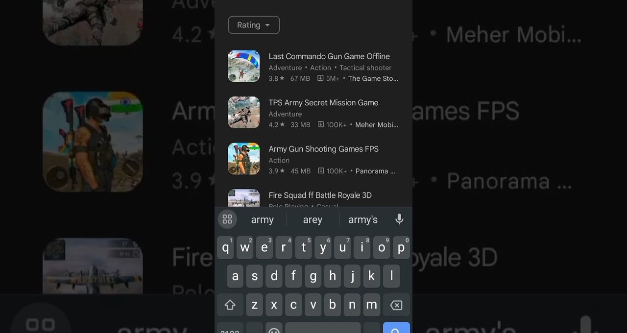 Mobile app store search results showing army parachute and shooting game listings with keyboard
