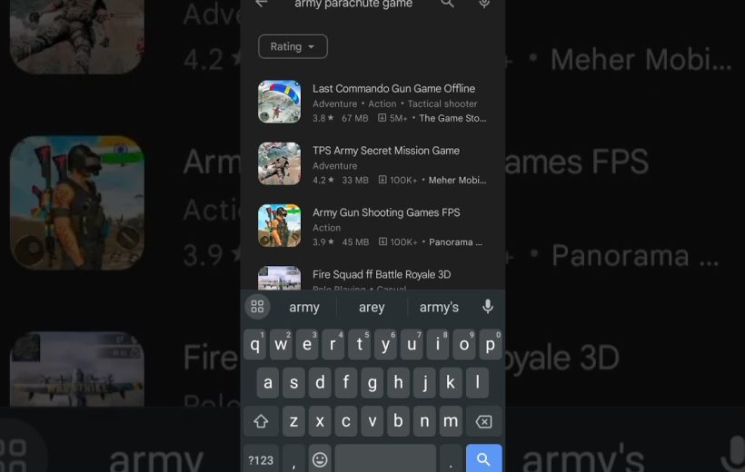 Mobile app store search results showing army parachute and shooting game listings with keyboard