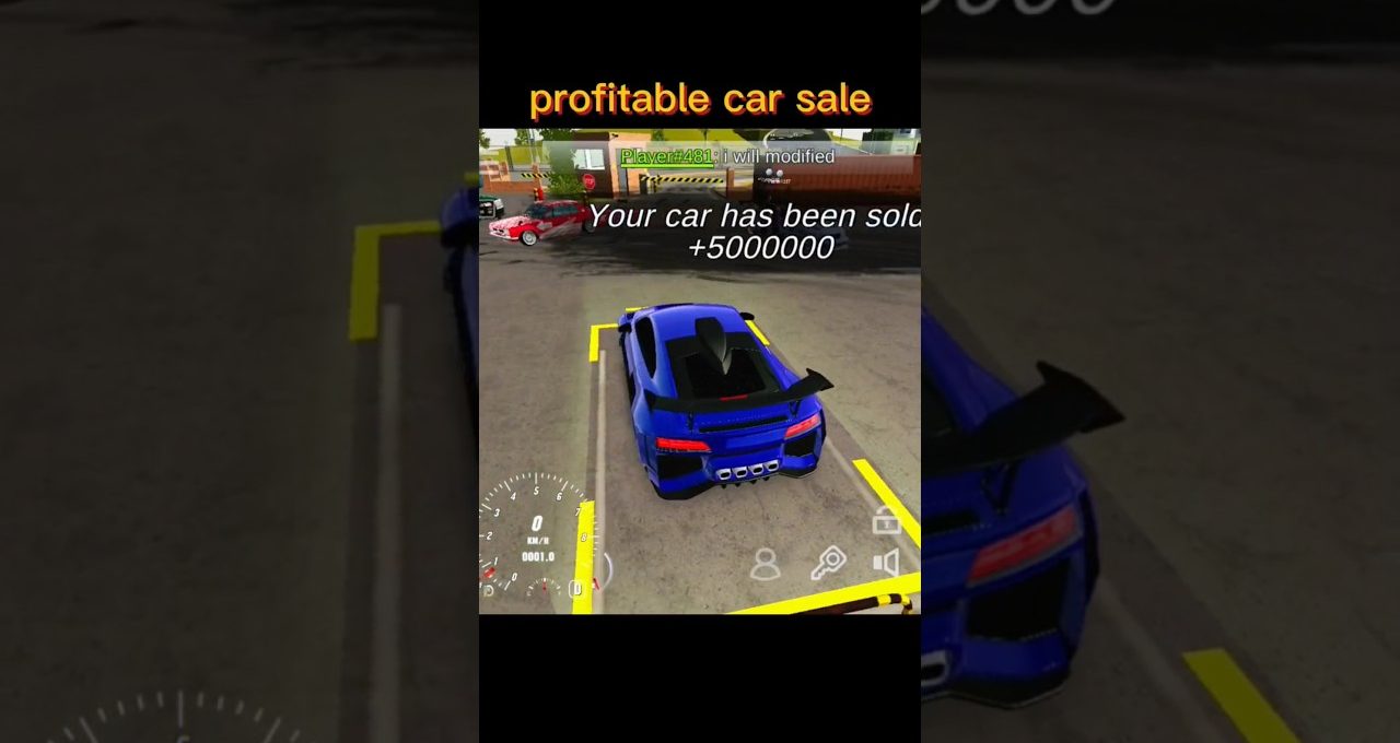Blue sports car parked in a game garage with text showing sale profit.
