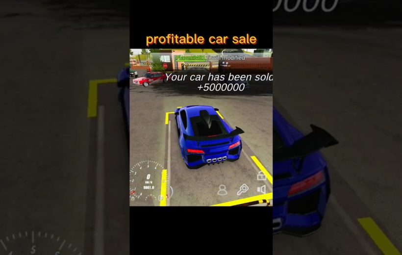 Blue sports car parked in a game garage with text showing sale profit.