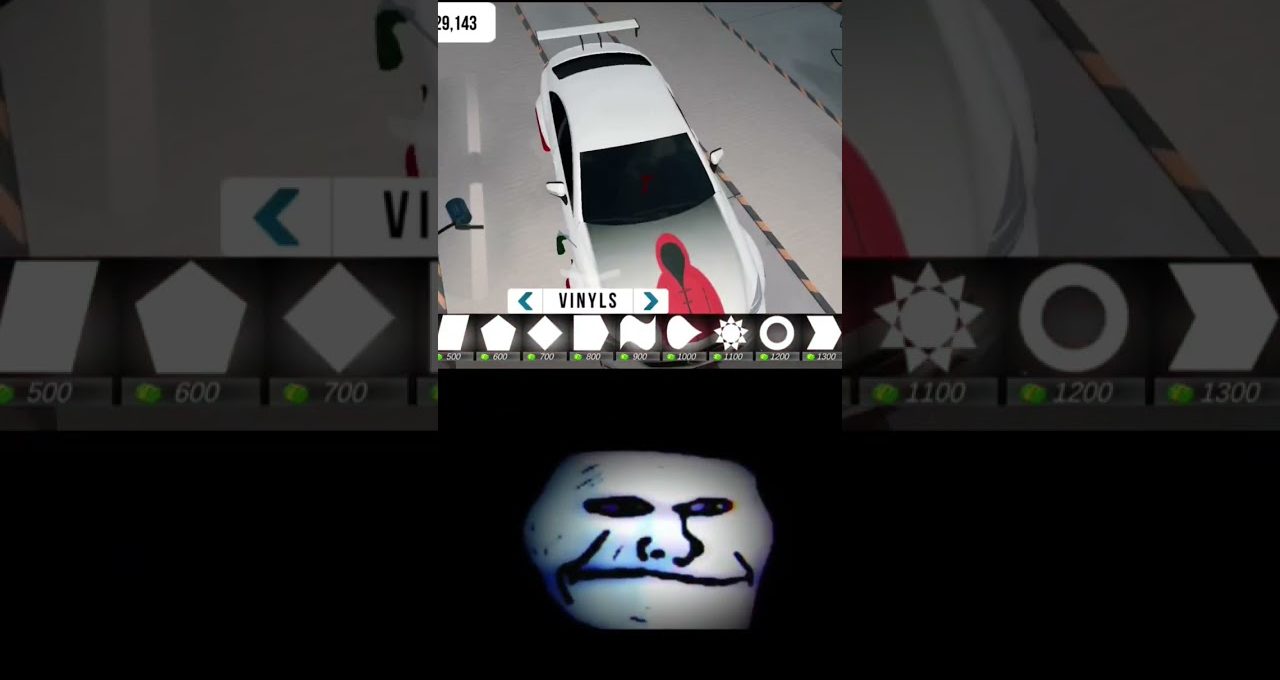Top shows a white car with vinyl options; bottom displays a glowing eerie face mask.