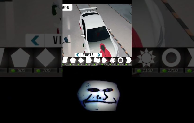 Top shows a white car with vinyl options; bottom displays a glowing eerie face mask.