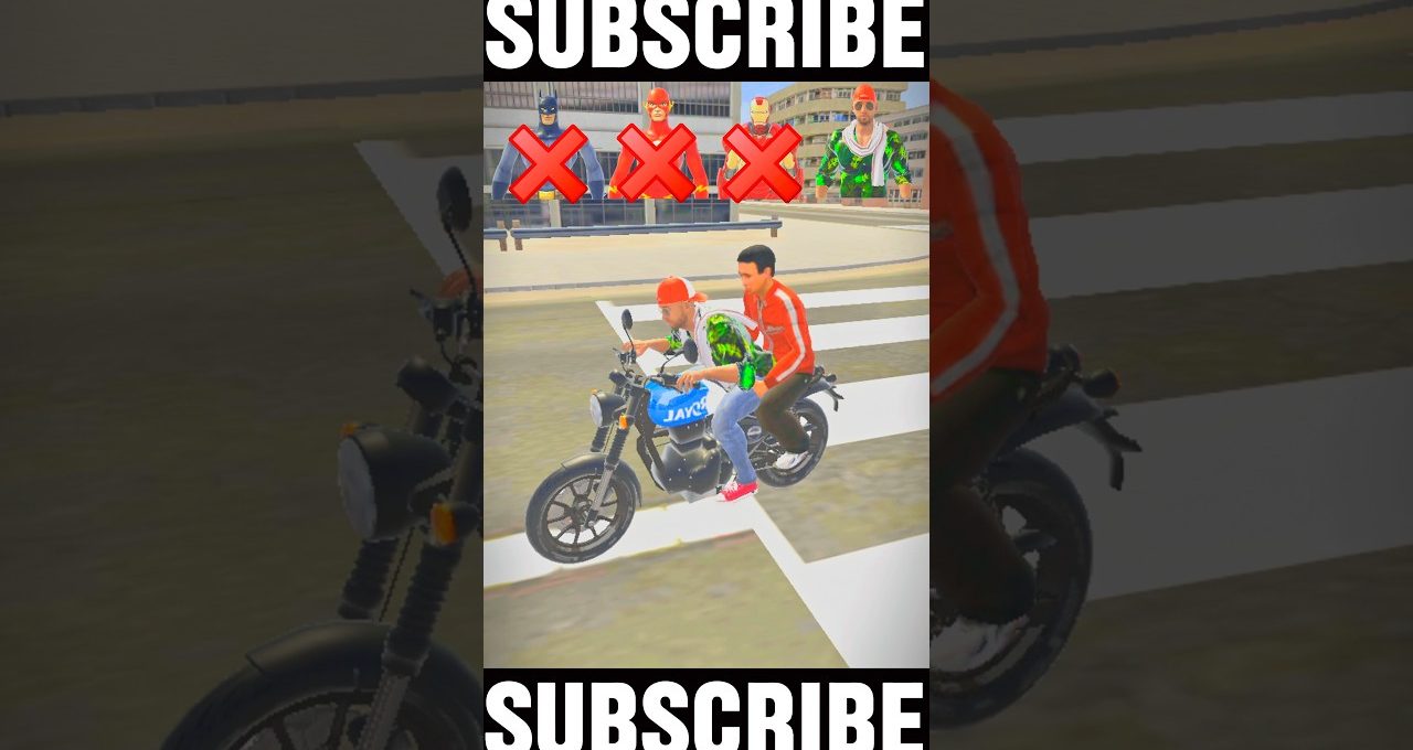 Two animated characters riding a blue motorcycle across a marked street, "Subscribe" text above and below