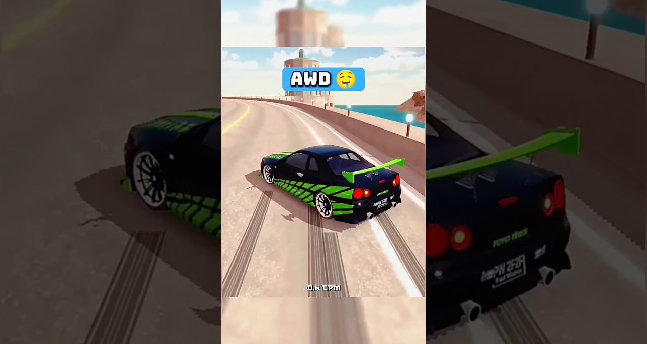 Black sports car with green accents drifting on coastal road near lighthouse
