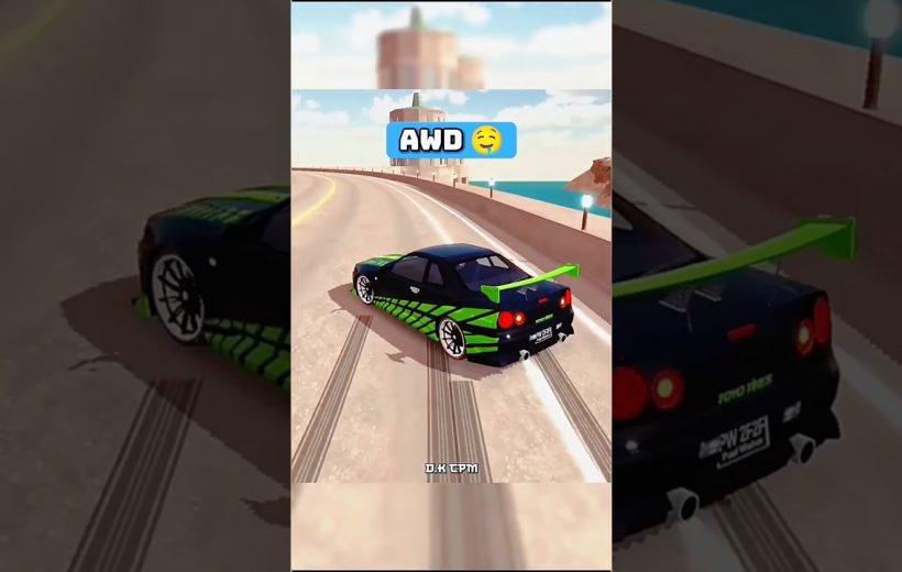 Black sports car with green accents drifting on coastal road near lighthouse