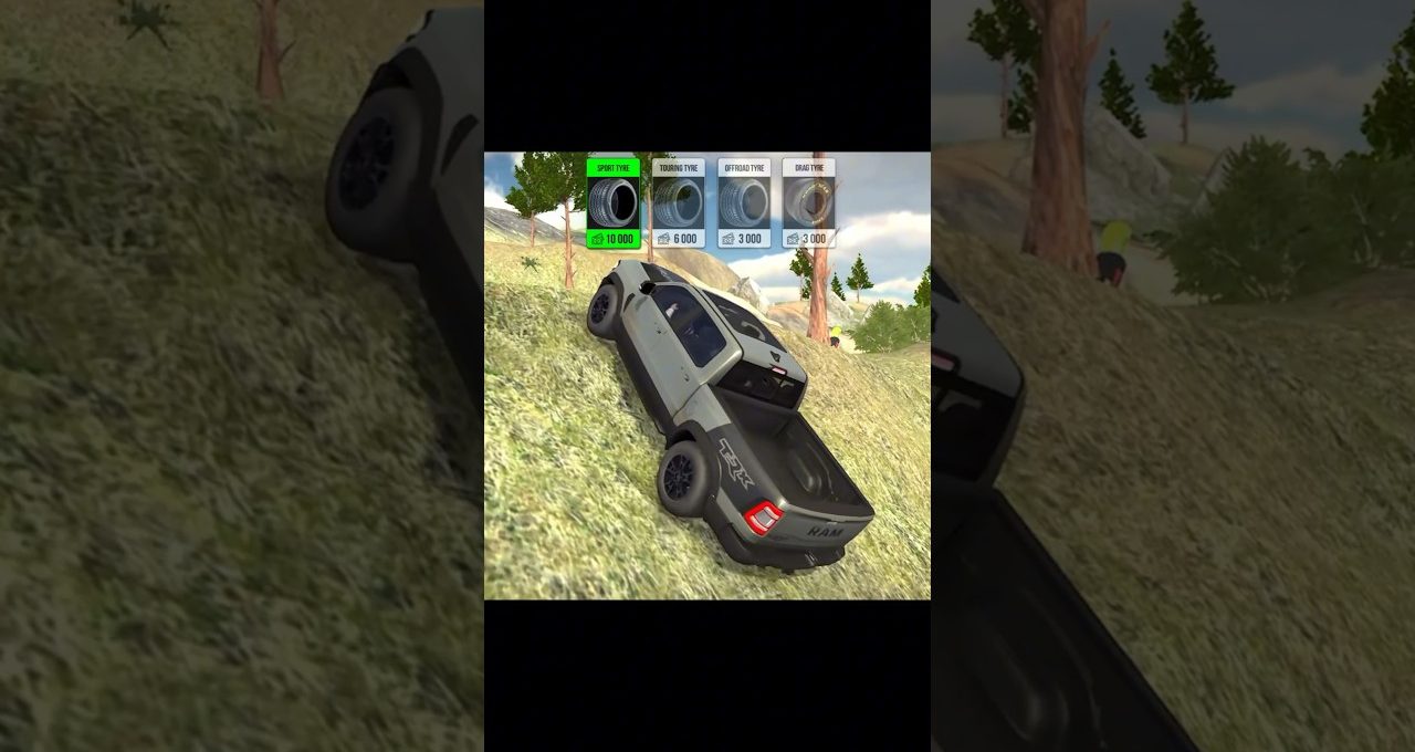 Silver pickup truck climbing grassy hillside in a driving game with tire upgrade options