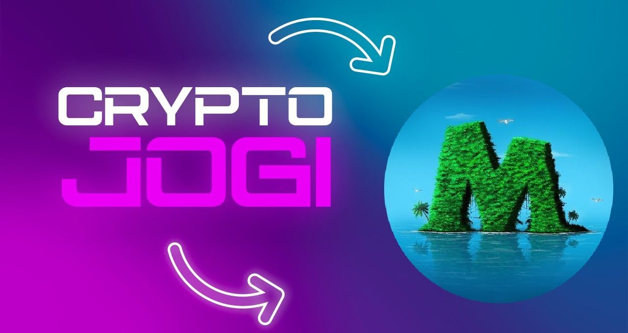 Bright purple graphic reading "CRYPTO JOGI" with island-shaped green letter M illustration.