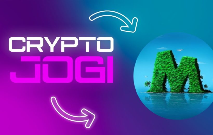 Bright purple graphic reading "CRYPTO JOGI" with island-shaped green letter M illustration.