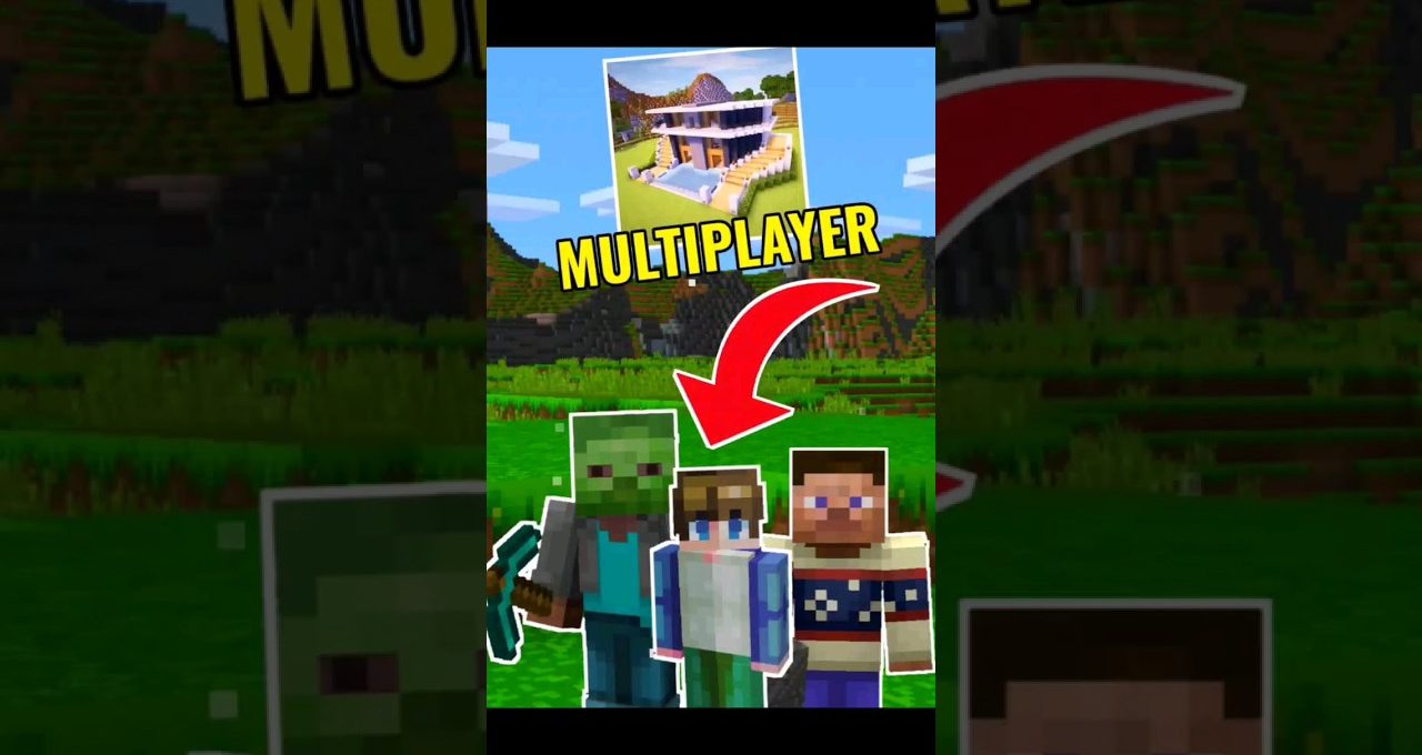 Three Minecraft players standing in a grassy world with a house labeled "MULTIPLAYER"