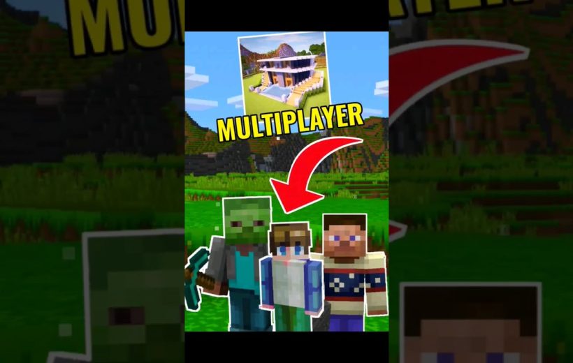 Three Minecraft players standing in a grassy world with a house labeled "MULTIPLAYER"
