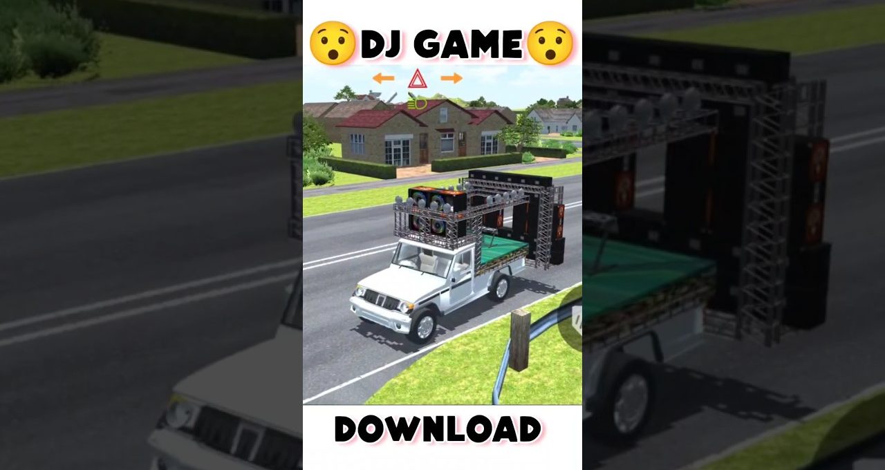 Truck carrying a large DJ stage and speakers driving through a suburban neighborhood.