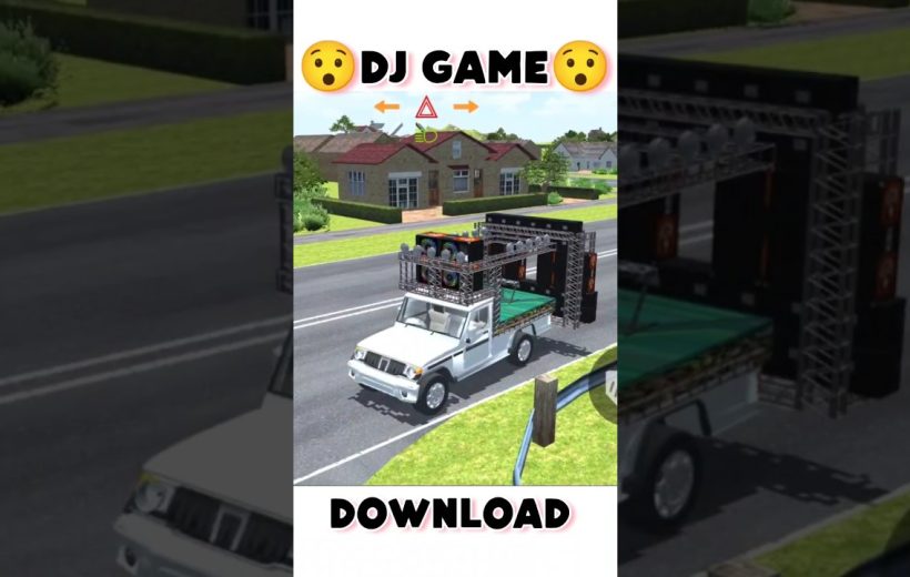 Truck carrying a large DJ stage and speakers driving through a suburban neighborhood.